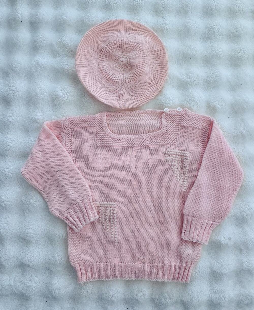 Vintage Baby Girl Pink White Embroidered Knit Sweater and Matching Hat 6-12 m.